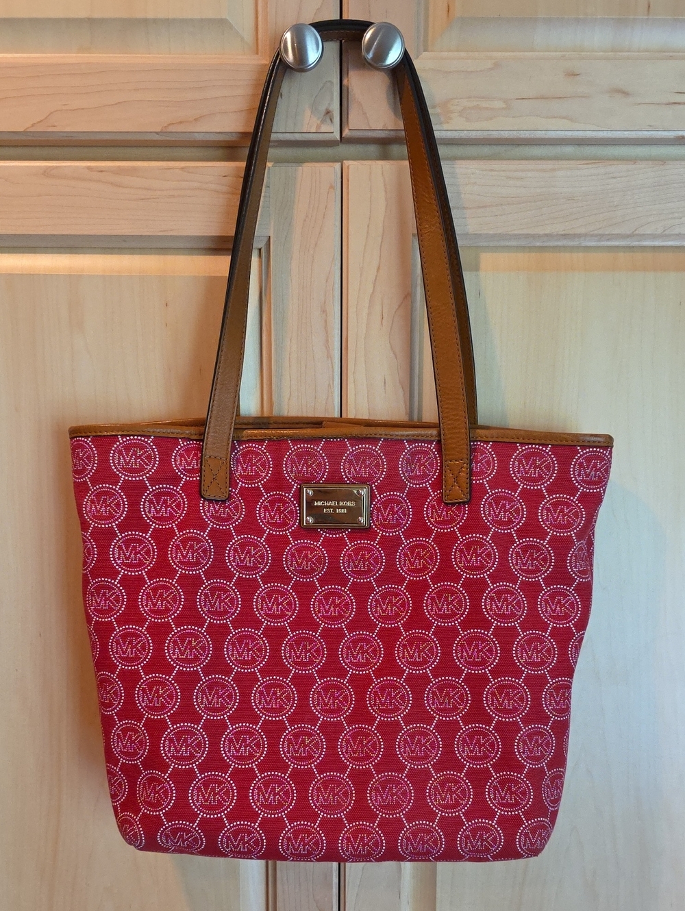 Michael Kors Red MK Logo Canvas Tote with Tan Leather Handles